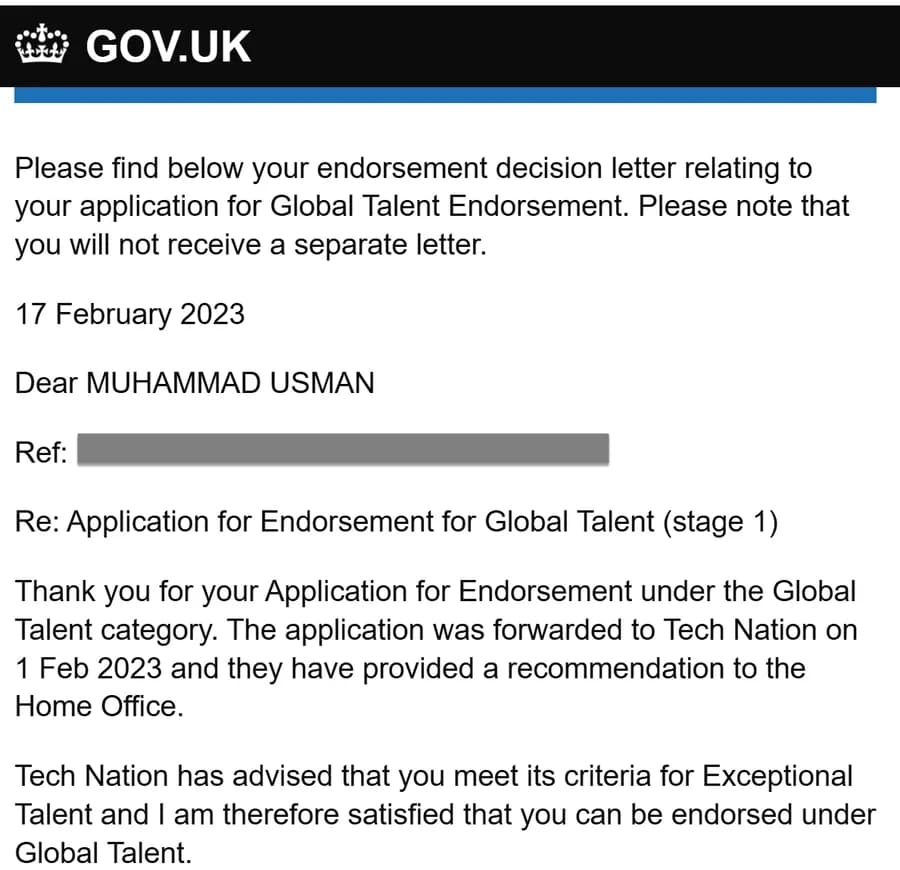 Cropped screenshot of the founder's Global Talent endorsement email